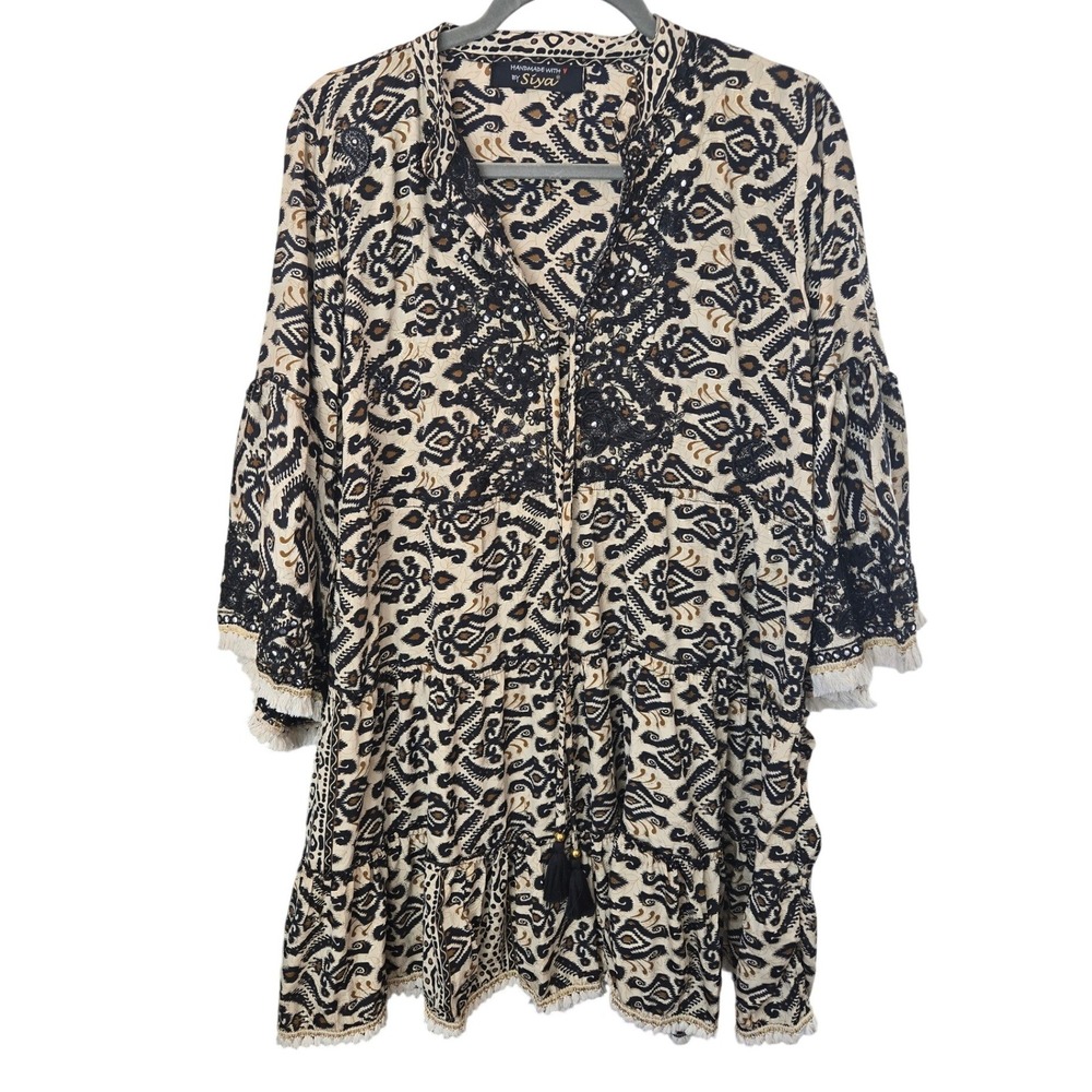 XL Boho Ikat Mini Dress Tiered‎ Ruffle Bell 3/4 Sleeves Siya Madrid Gold Black